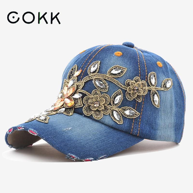 Embroidery Jeans Sakura - COKK topi bisbol wanita, Snapback Denim
