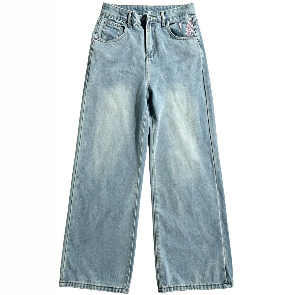 Embroidery Jeans Sakura - Celana Jeans Lurus Longgar Pinggang Tinggi