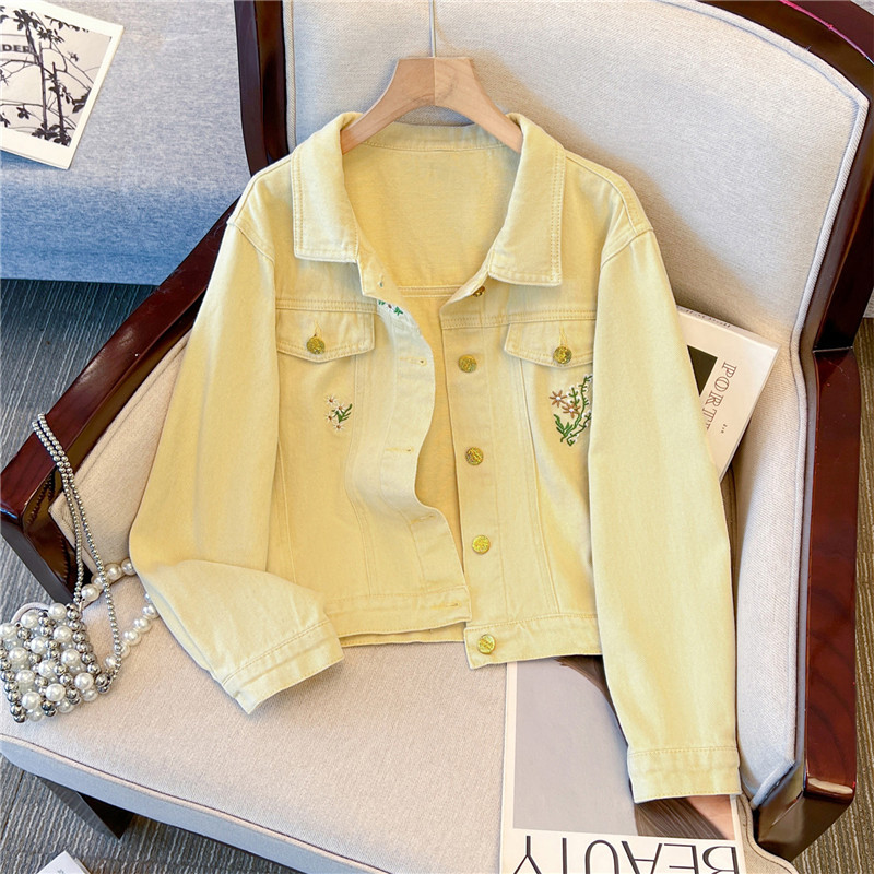 Embroidery Yellow Flower - Jaket Denim Pendek Kuning Bordir Bunga