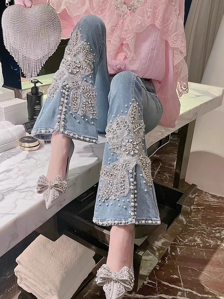 Embroidery Jeans Sakura - Celana jins wanita pinggang tinggi, celana