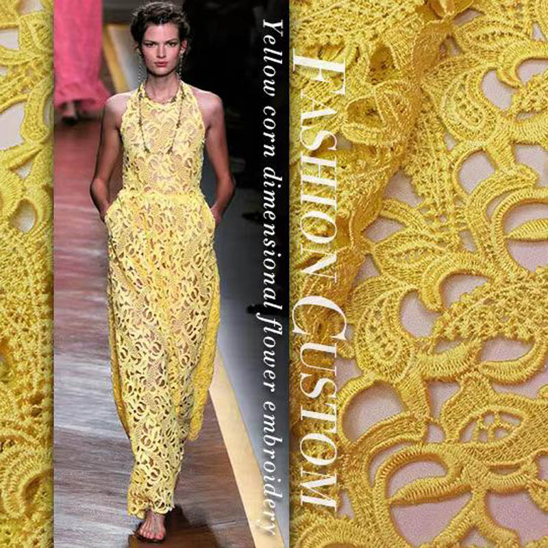 Embroidery Yellow Flower - Kain renda mewah kuning bordir stereo