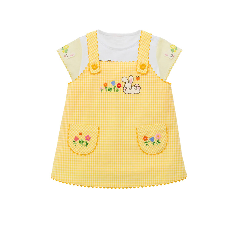 Embroidery Yellow Flower - Gaun Overall Kotak-kotak Kelinci Kartun Lucu