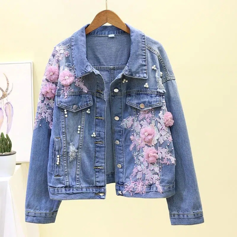 Embroidery Jeans Sakura - Jaket Pendek Denim Bordir Baru 2022