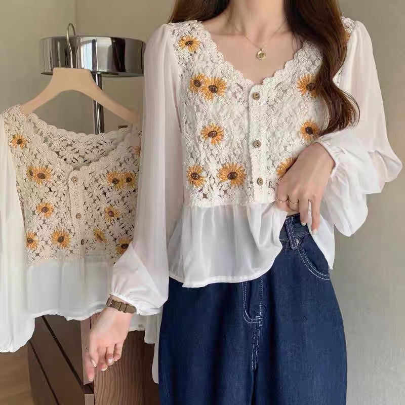 Blus dua potong palsu kancing  - Embroidery Daisy ulasan dan harga