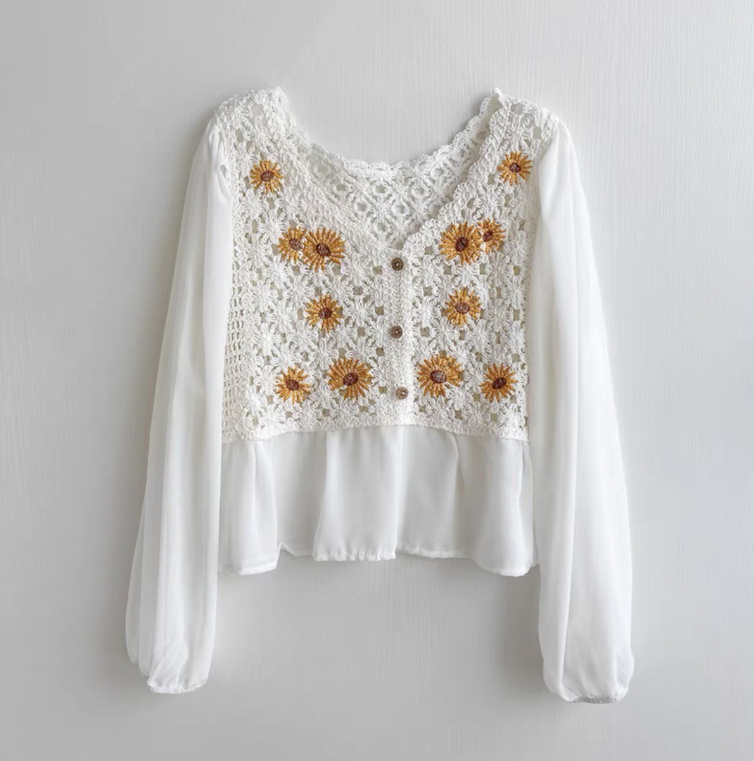 Blus dua potong palsu kancing  - Embroidery Daisy ulasan dan harga