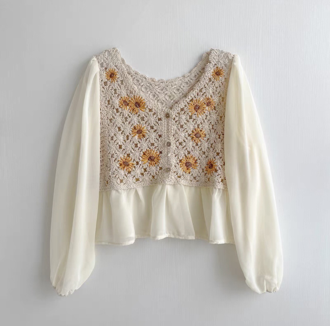 Blus dua potong palsu kancing  - Embroidery Daisy ulasan dan harga