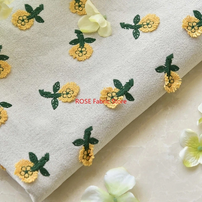 Kain Katun Linen Bordir Bunga  - Embroidery Yellow Flower ulasan dan harga