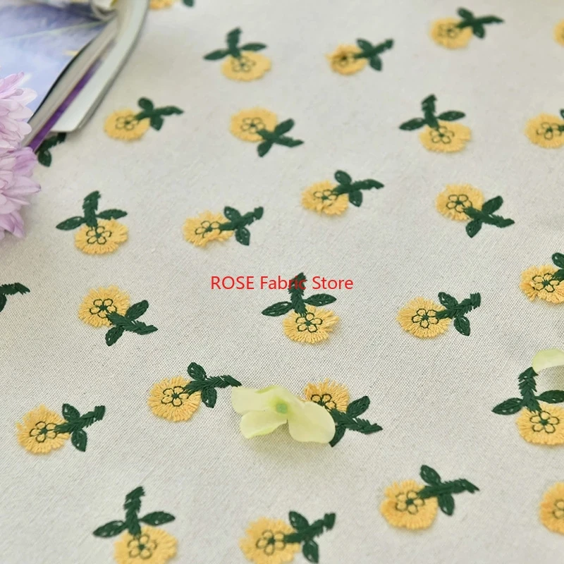 Kain Katun Linen Bordir Bunga  - Embroidery Yellow Flower ulasan dan harga