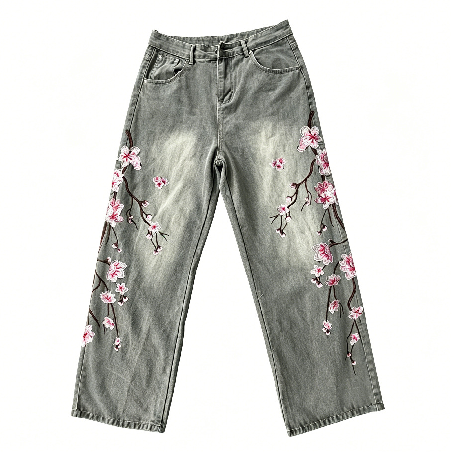 Celana Jeans Lurus Longgar Pin - Embroidery Jeans Sakura ulasan dan harga