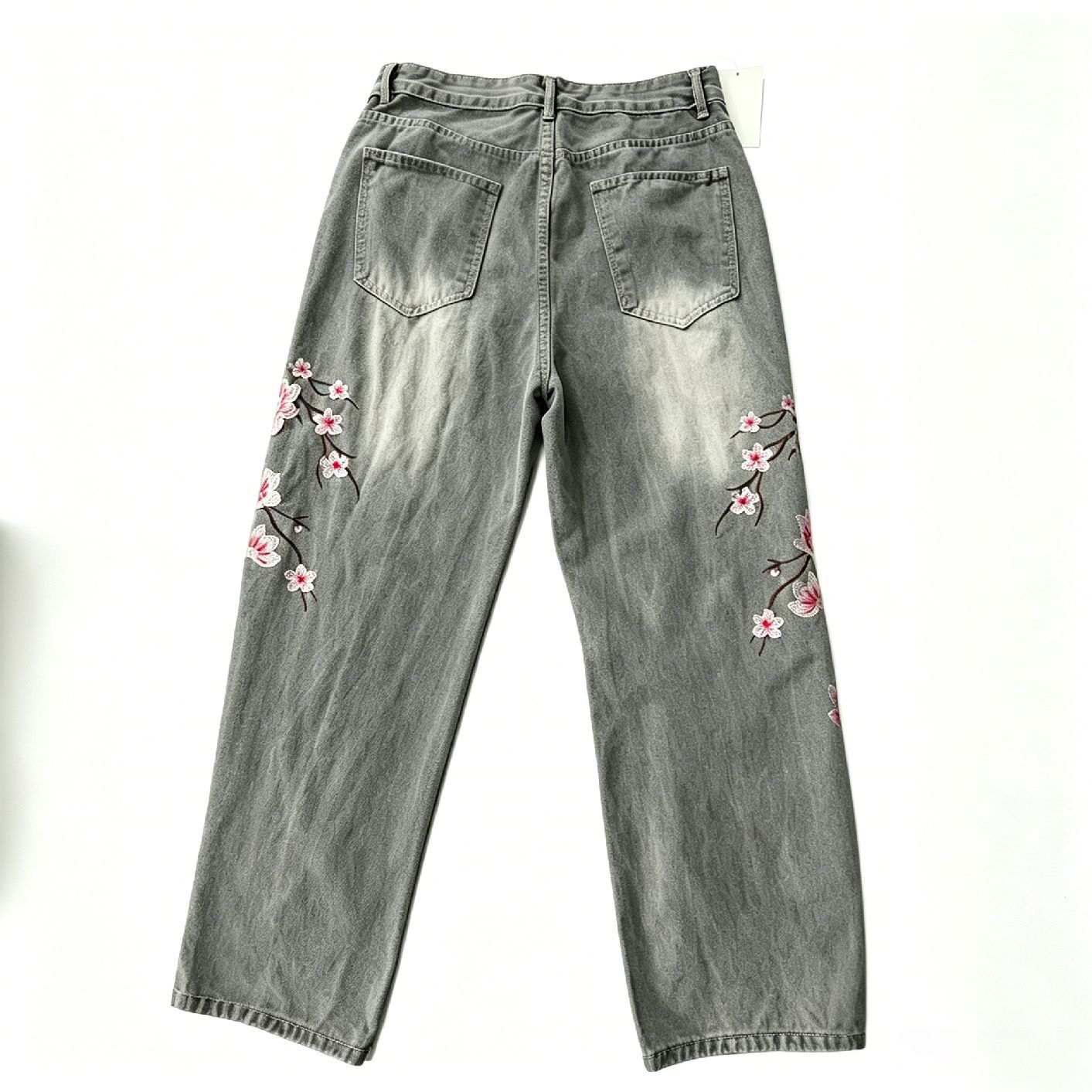 Celana Jeans Lurus Longgar Pin - Embroidery Jeans Sakura ulasan dan harga