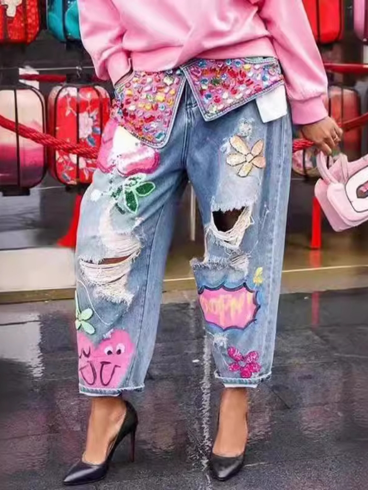 Chic celana Denim lubang manik - Embroidery Jeans Sakura ulasan dan harga