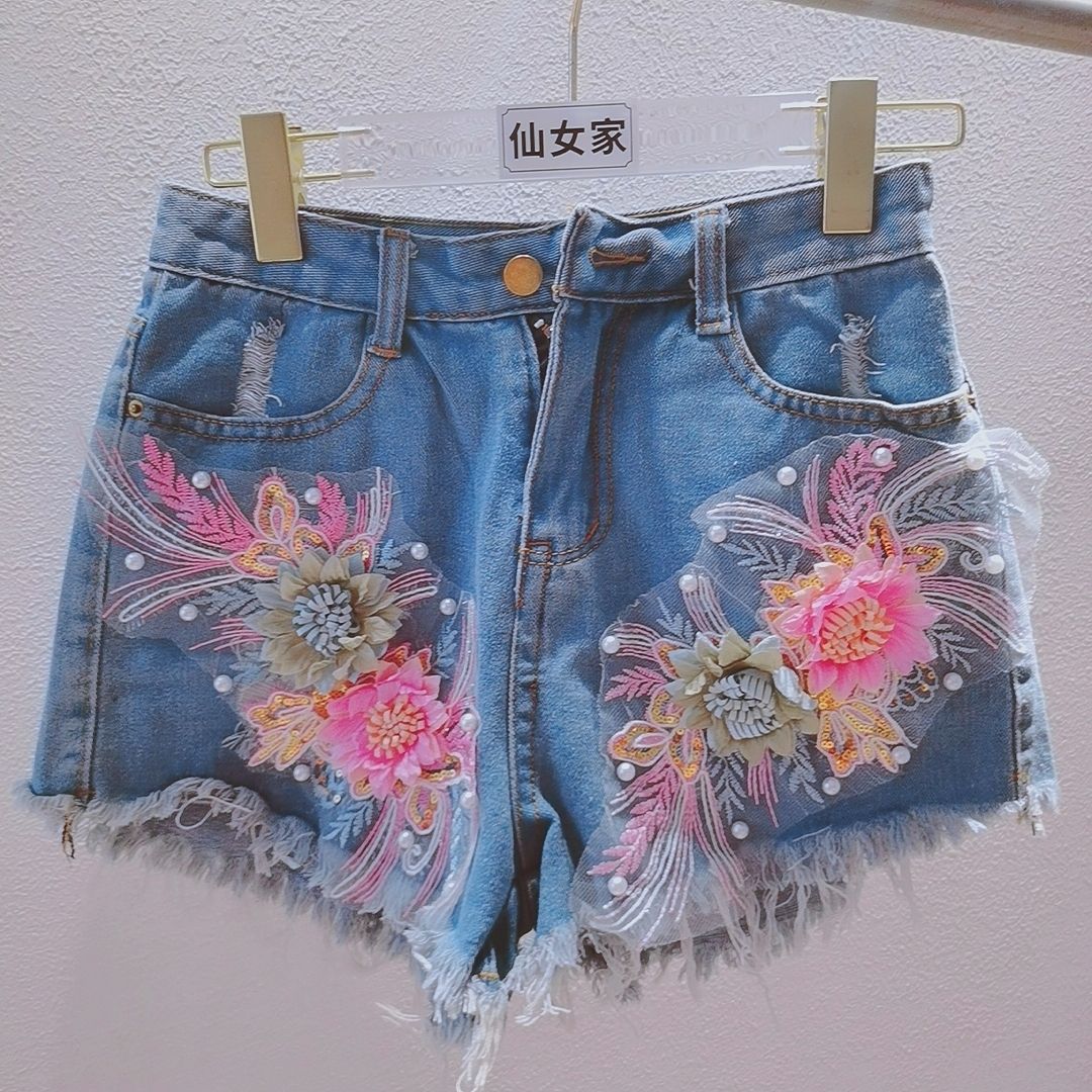 Celana Pendek Denim Musim Pana - Embroidery Jeans Sakura ulasan dan harga