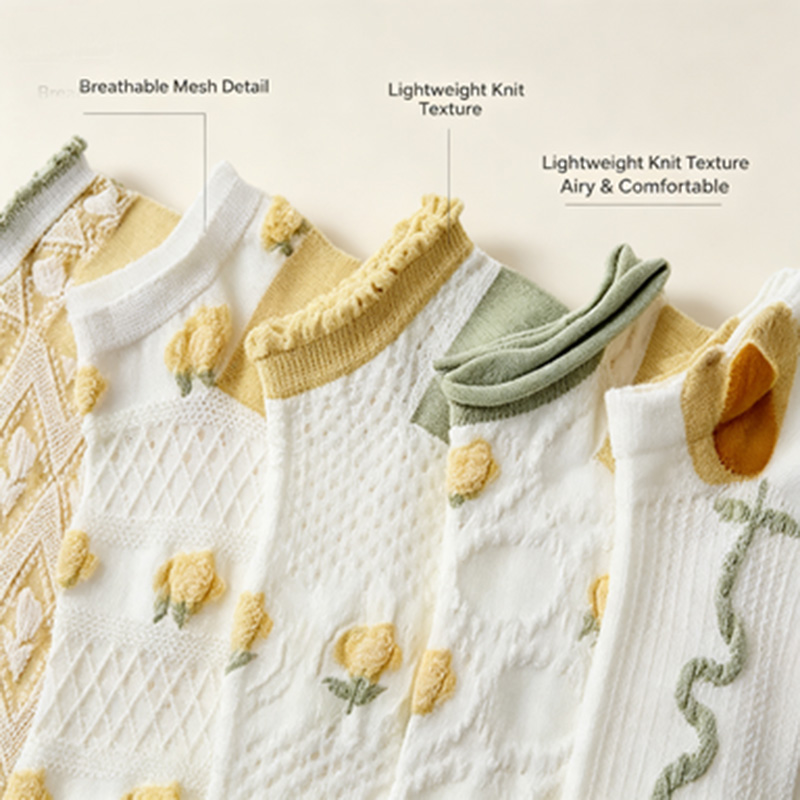 Kaus Kaki Wanita 5 Pasang deng - Embroidery Yellow Flower ulasan dan harga